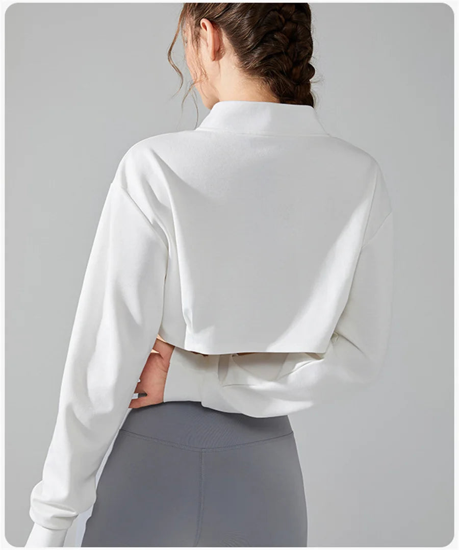 Women Yoga Crop Top Sports T-Shirts Gym Clothing Loose Full Zip-up Long Sleeve Sportswear Workout Clothing Fitness Jacket
