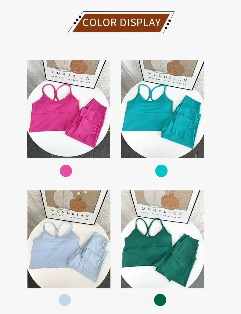 2 Piece Yoga Set Sportswear Fitness Suits Sexy Cross back Yoga Tops Elasticity High Waist Leggings Running Sports Clothing👚👍️