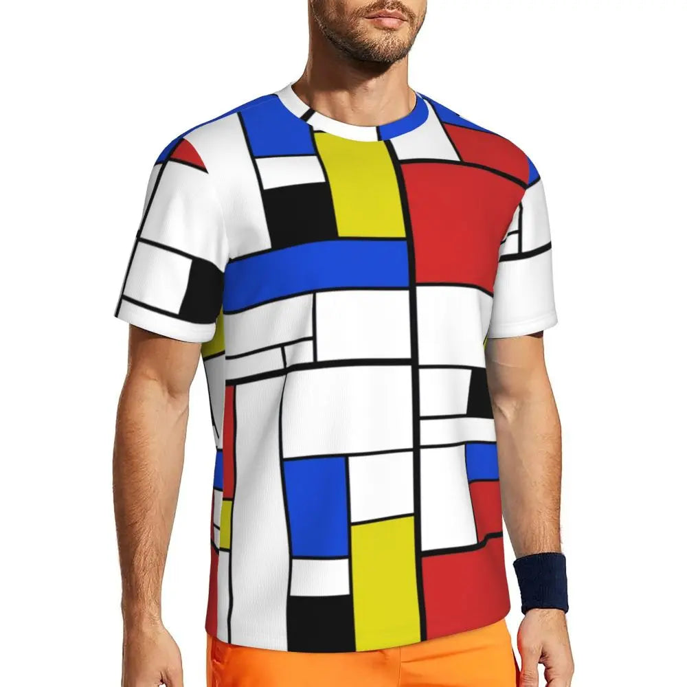 Gym T Shirt For Men Mondrian Line T-Shirts Trendy Cool Colorful Plaid Summer Tees O Neck Y2K Retro Graphic Clothing Gift Idea