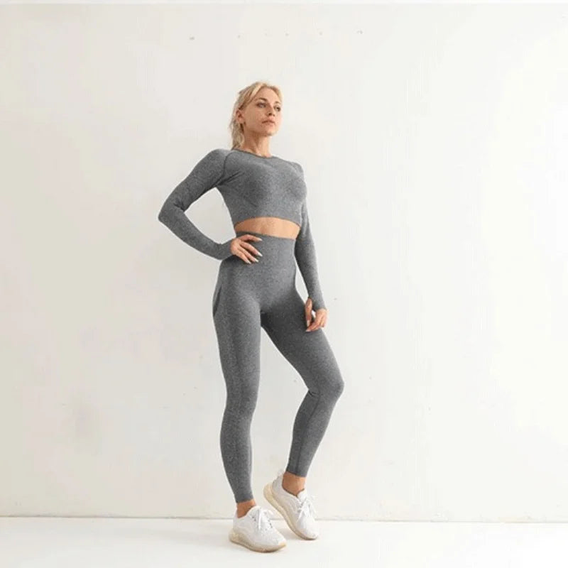 Seamless Yoga Sets Women Workout Sportswear Gym Clothing Long Sleeve Crop Top High Waist Leggings Workout Fitness Sports Suits
