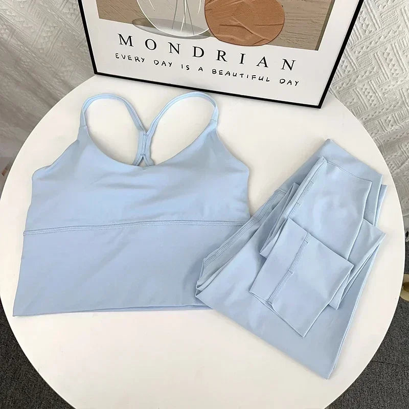 2 Piece Yoga Set Sportswear Fitness Suits Sexy Cross back Yoga Tops Elasticity High Waist Leggings Running Sports Clothing👚👍️