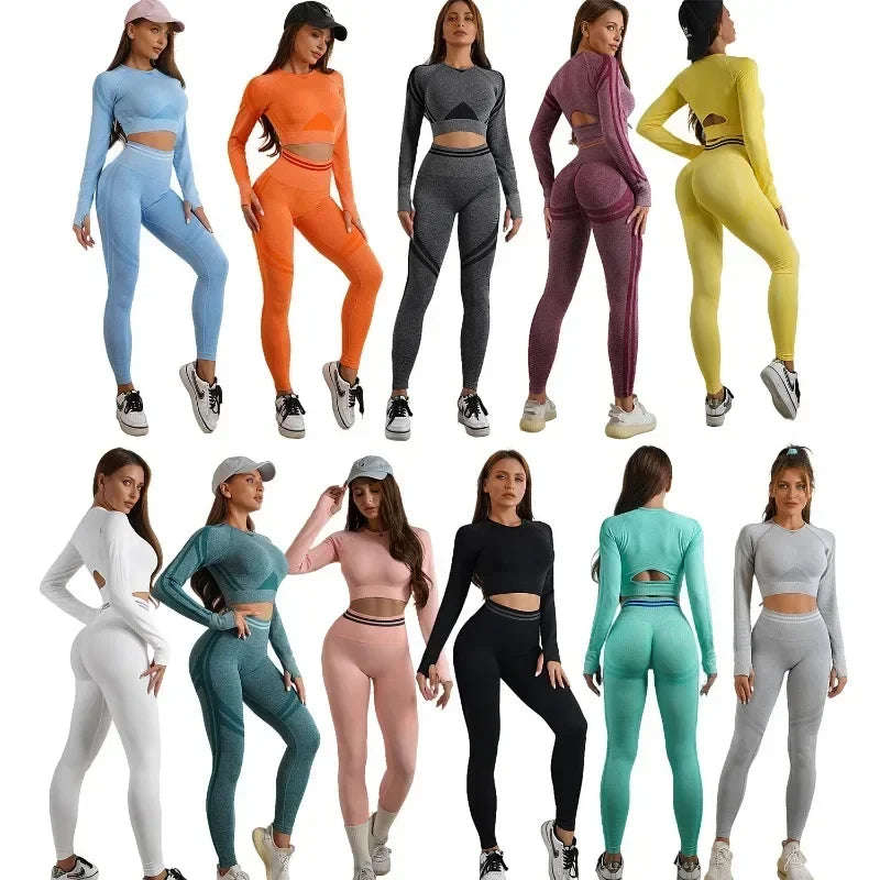 2 Pieces Gym Set Workout Clothes For Women Fitness Long Sleeve Crop Top Seamless Scrunch Butt Leggings Yoga Sport Suits