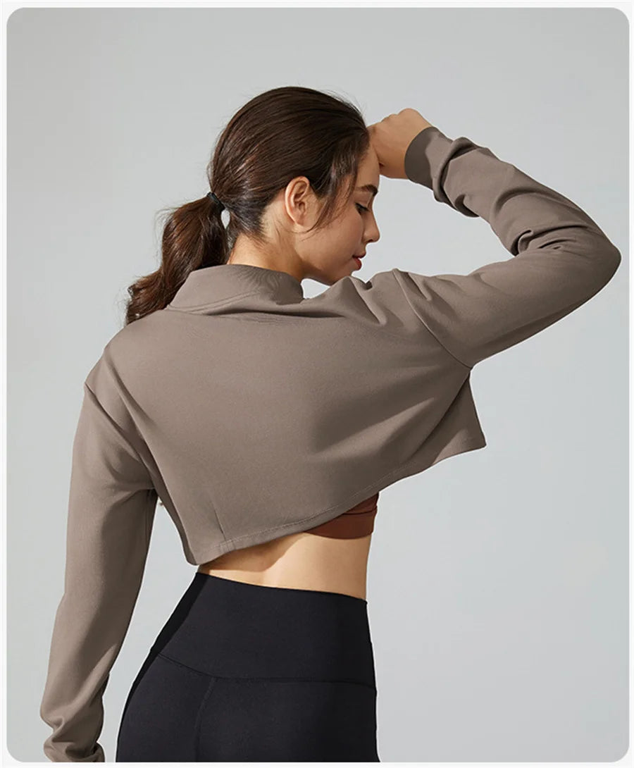 Women Yoga Crop Top Sports T-Shirts Gym Clothing Loose Full Zip-up Long Sleeve Sportswear Workout Clothing Fitness Jacket