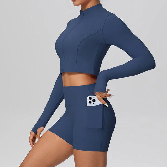Yoga Long Sleeved Sports Suits Gym Clothing Yoga Suit For Women Tracksuit Fitness Set Zipper Top High Waist Shorts Sportswear