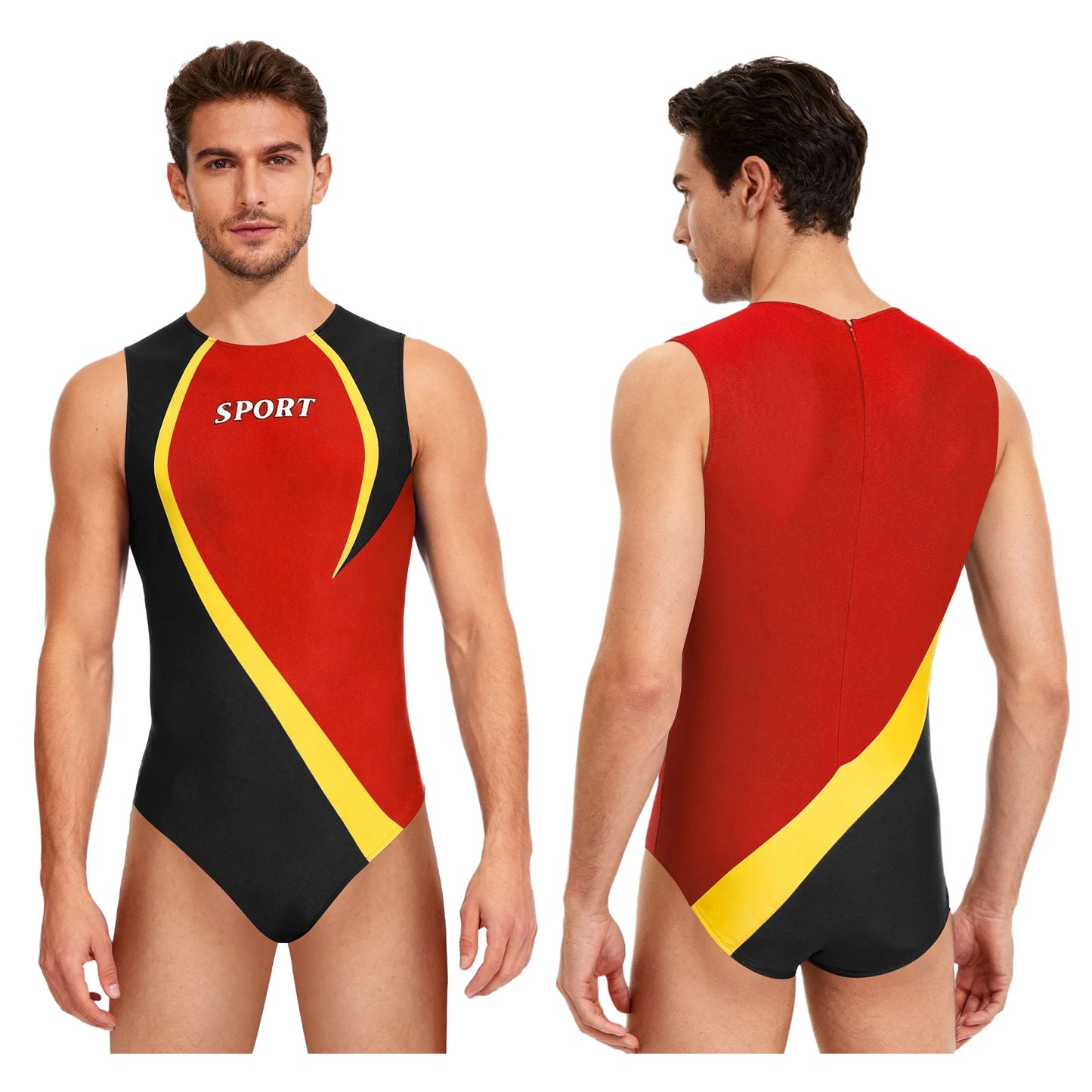 Swimwear Mens Gym Workout Athletic Leotard Jumpsuit Swimsuit Round Neck Back Invisible Zipper Color Block Sports Bodysuit