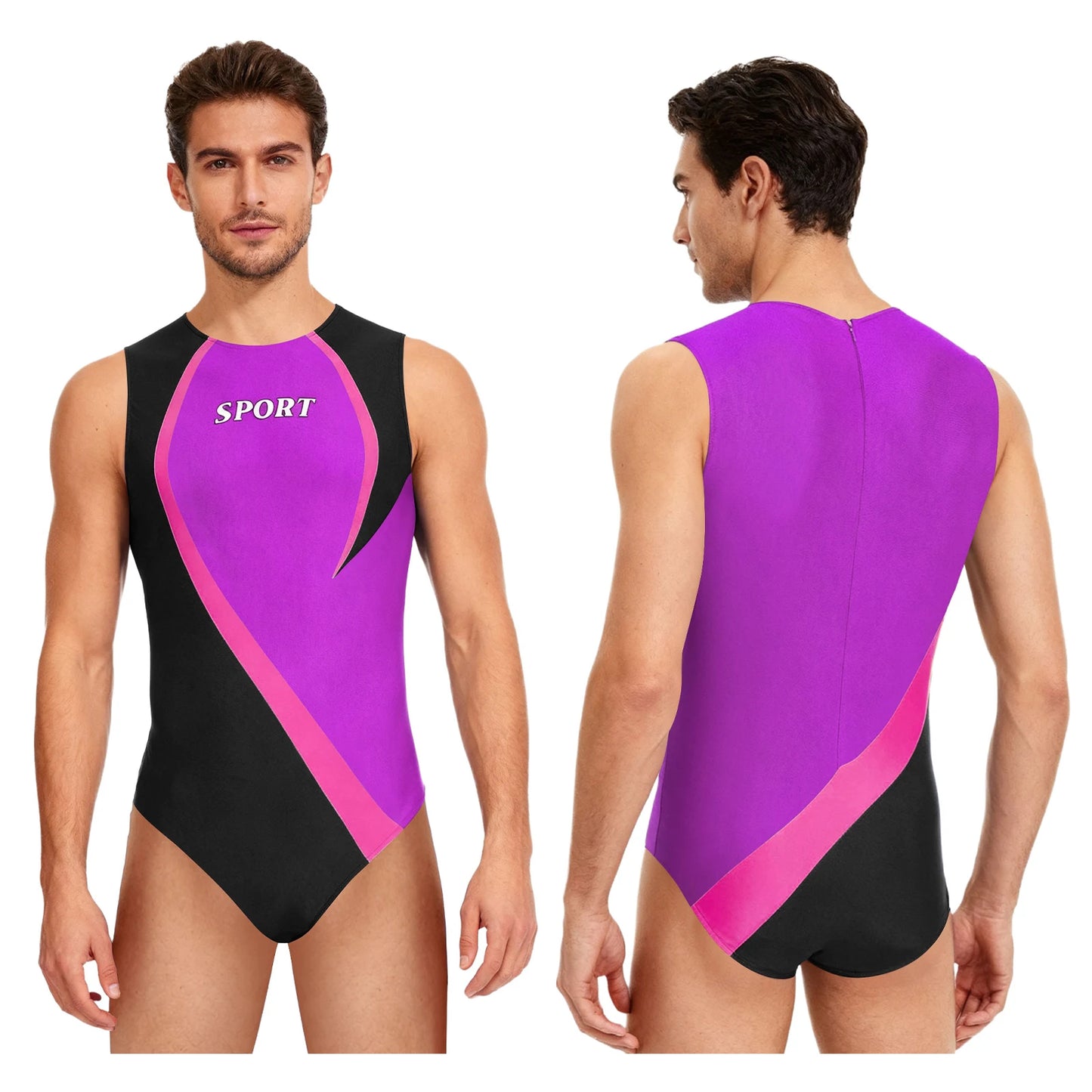 Swimwear Mens Gym Workout Athletic Leotard Jumpsuit Swimsuit Round Neck Back Invisible Zipper Color Block Sports Bodysuit