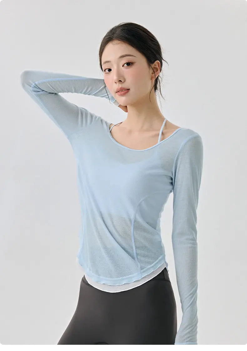 Yoga clothing cover up, women's slim fit sports long sleeved, breathable Pilates top for external wear