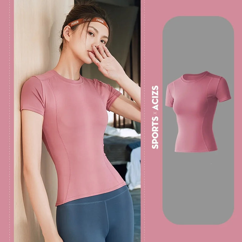 2024 Women's Sports Fitness Clothing Slim Running Sweat Absorbing Skinny Yoga Clothes Quick Drying Clothes Short Sleeved T-shirt