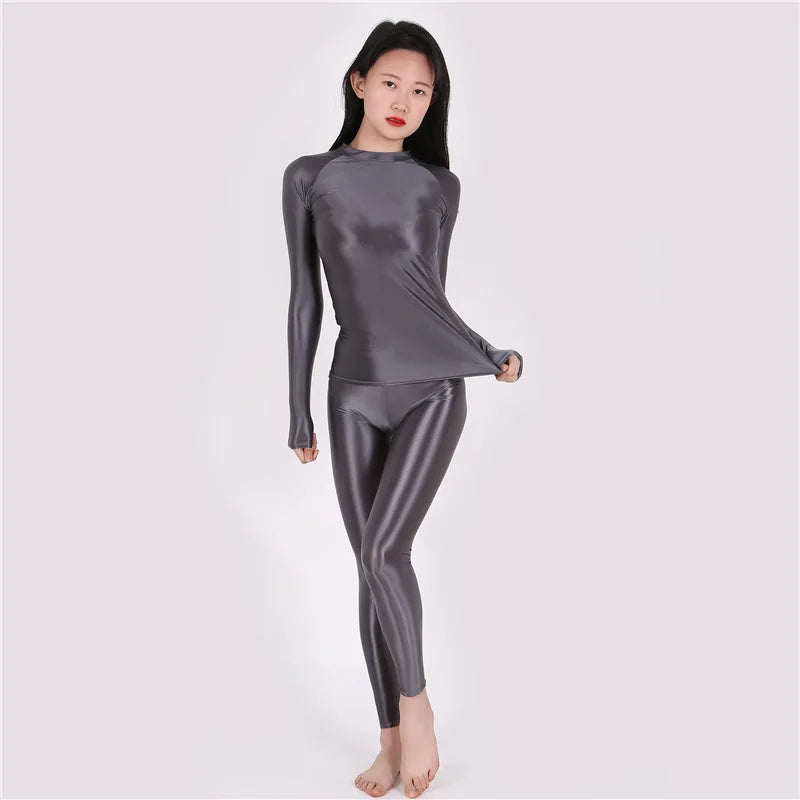 Yoga Suit Oily Pants+ Top Silky Shiny Sexy Workout Clothes for Women High Elastic Plus Size Gym Clothing Set