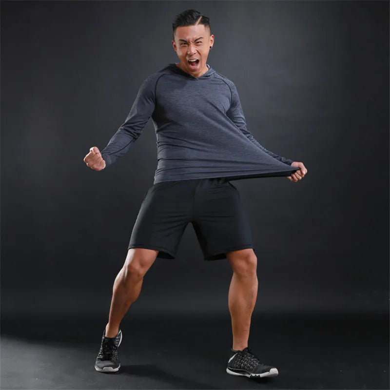 Men Elastic Running Tops Breathable Long Sleeve Gym t Shirt Male Casual Hooded t-Shirts Quick Dry Fitness Shirts Man Clothing