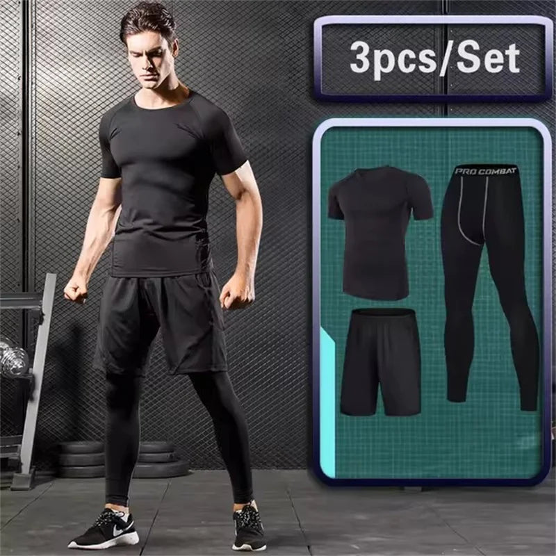 Men Compression Sportswear Set Gym Running Sport Clothes Jogging Tights Tracksuit Fitness T-Shirt Windbreaker Leggings