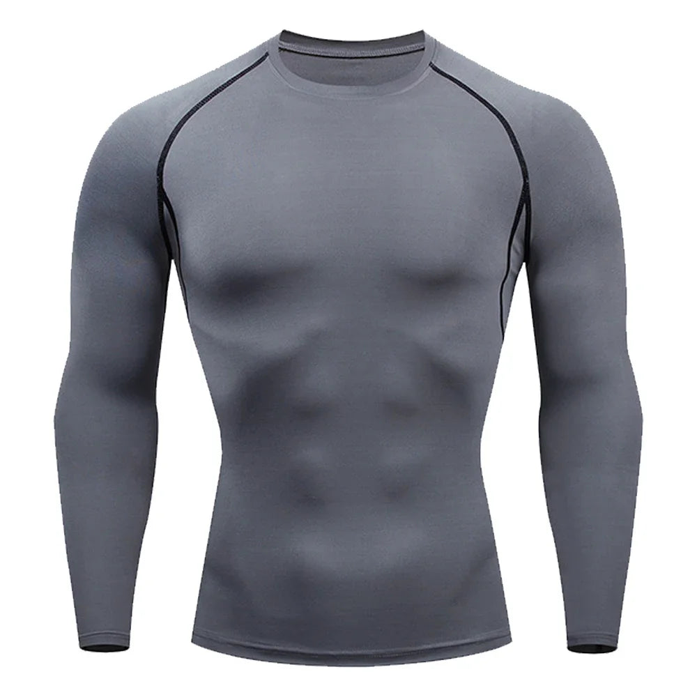 Men's Tight Bodybuilding Long Sleeve Quick Dry Running Sun Sports Compression Thin T Shirt Pullover Gym Fitness Workout Clothing