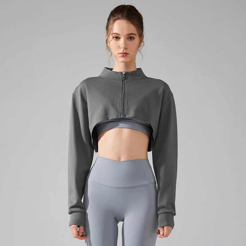 Women Yoga Crop Top Sports T-Shirts Gym Clothing Loose Full Zip-up Long Sleeve Sportswear Workout Clothing Fitness Jacket