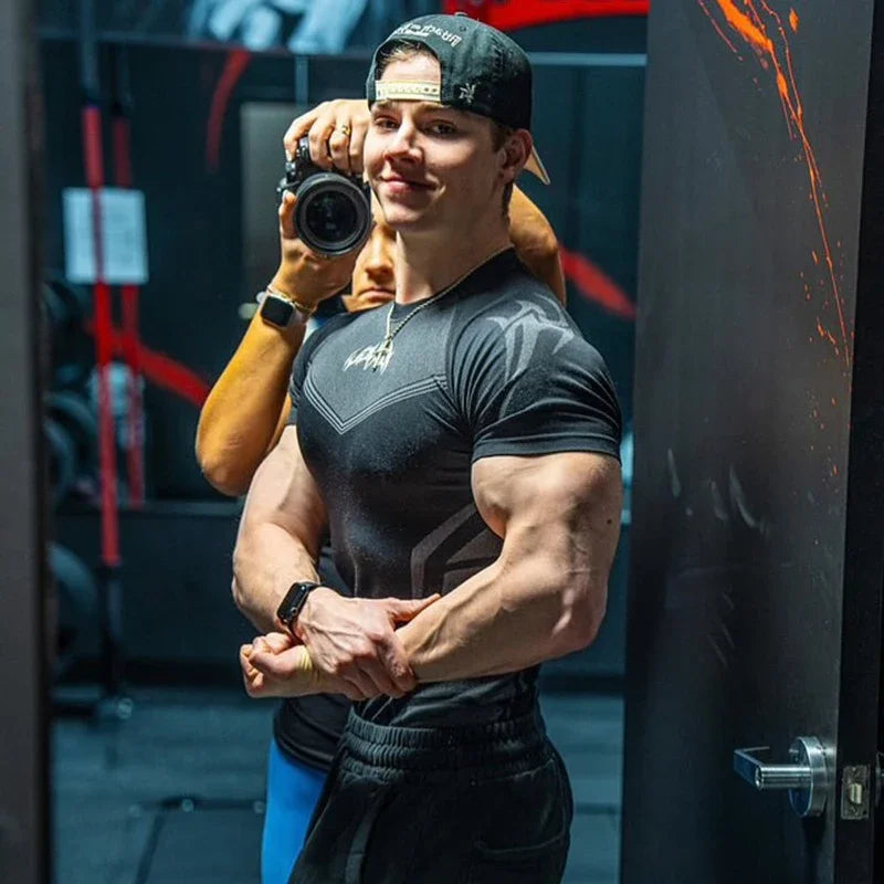 GYM Sports T-shirt Men's Tight Fitness Suit High Elasticity Quick-drying American Tight Fashion Muscle Leg Training Short Sleeve