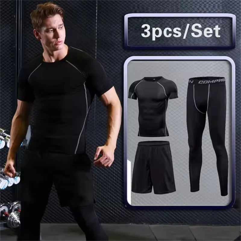 Men Compression Sportswear Set Gym Running Sport Clothes Jogging Tights Tracksuit Fitness T-Shirt Windbreaker Leggings