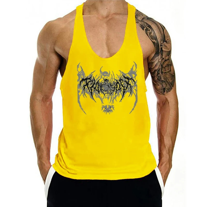 2025 New Cotton Exercise Gym Vest - Men's Muscle Sleeveless Sportswear, Front & Back Print Stringer for Bodybuilding Fitness