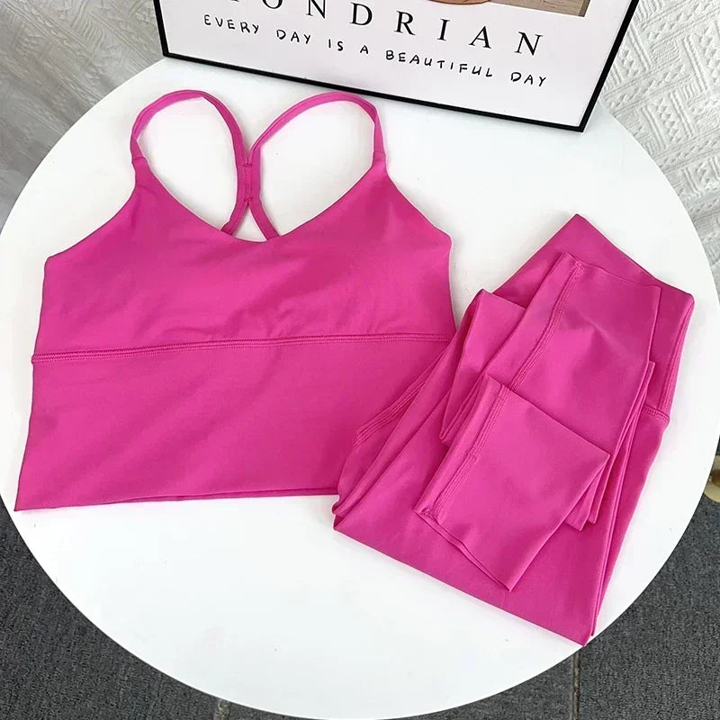 2 Piece Yoga Set Sportswear Fitness Suits Sexy Cross back Yoga Tops Elasticity High Waist Leggings Running Sports Clothing👚👍️