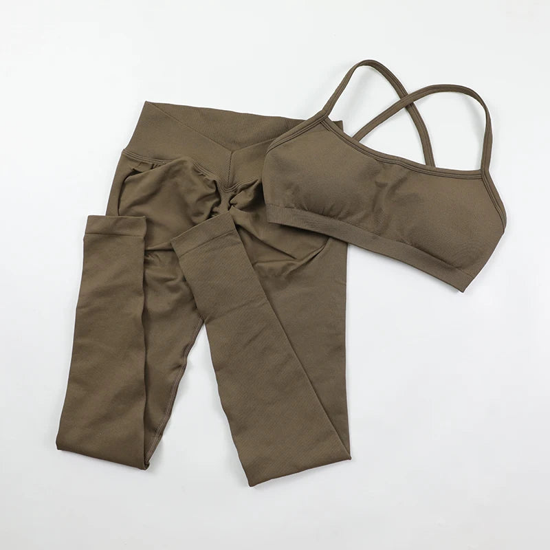 Seamless Yoga Set Women Fitness Sportswear Pilates Clothing V-Back Gym Leggings Push Up Strappy Sports Bra 2 Piece Sports Suits