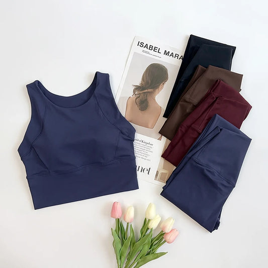 New 2 Piece Women's Gym Sports Set Fixed Chest Pad Shockproof Sports Vest High Waist Yoga Pants Leisure Pilates Run Sportswear