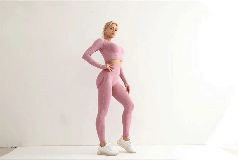 Seamless Yoga Sets Women Workout Sportswear Gym Clothing Long Sleeve Crop Top High Waist Leggings Workout Fitness Sports Suits