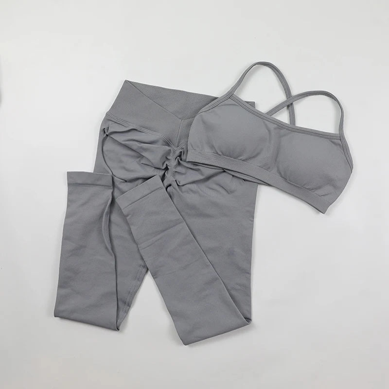 Seamless Yoga Set Women Fitness Sportswear Pilates Clothing V-Back Gym Leggings Push Up Strappy Sports Bra 2 Piece Sports Suits