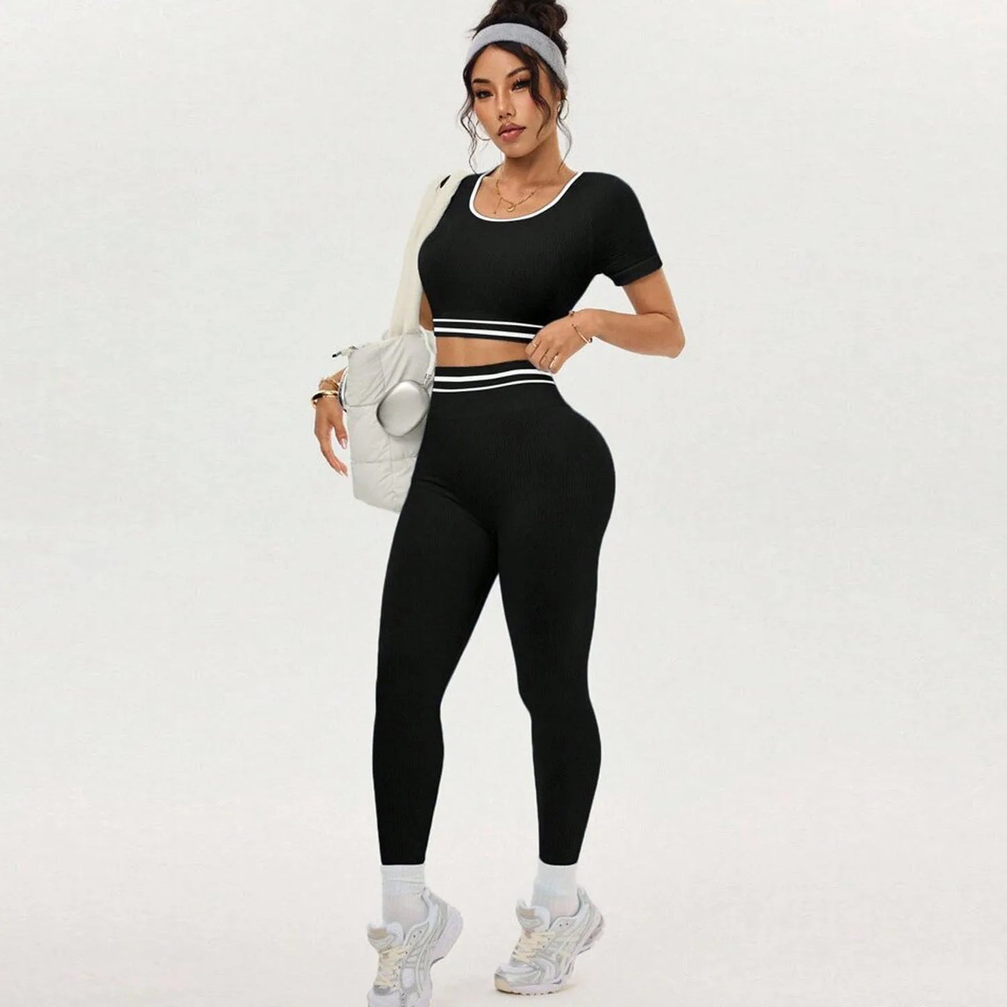 Women Gym Sets Crop Top Shirts Leggings Suits Elastic Fitness Sports Casual Workout Athletic Yoga Pants Tights 2 Pecs Sportswear