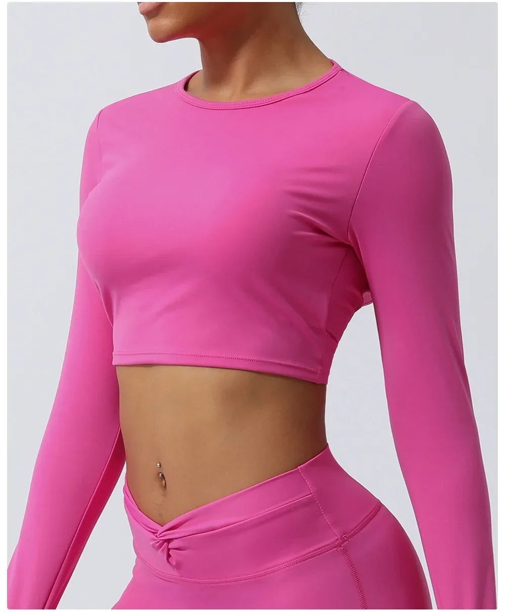 Sexy Backless Long Sleeve Yoga Clothing Stretch Gym Workout  Top Female Running Quick Dry Sportswear Women Back Cross Sports Top