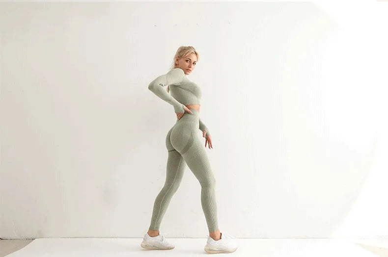 Seamless Yoga Sets Women Workout Sportswear Gym Clothing Long Sleeve Crop Top High Waist Leggings Workout Fitness Sports Suits