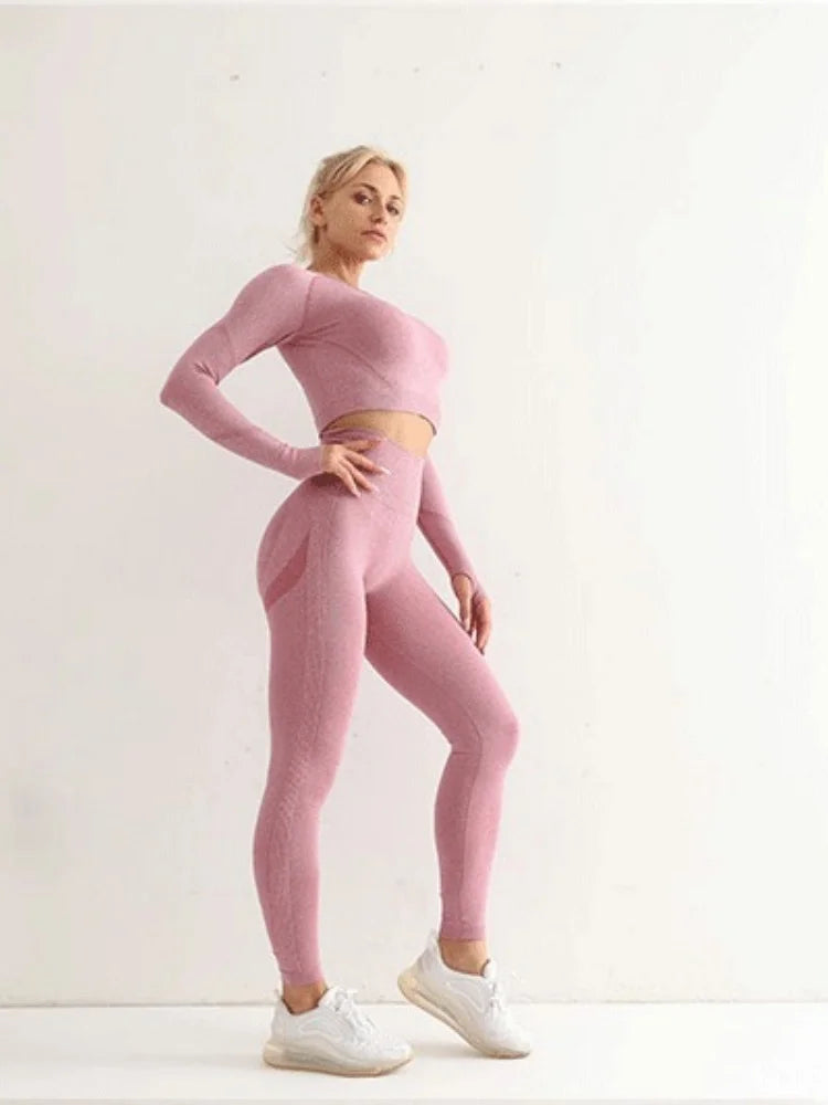 Seamless Yoga Sets Women Workout Sportswear Gym Clothing Long Sleeve Crop Top High Waist Leggings Workout Fitness Sports Suits