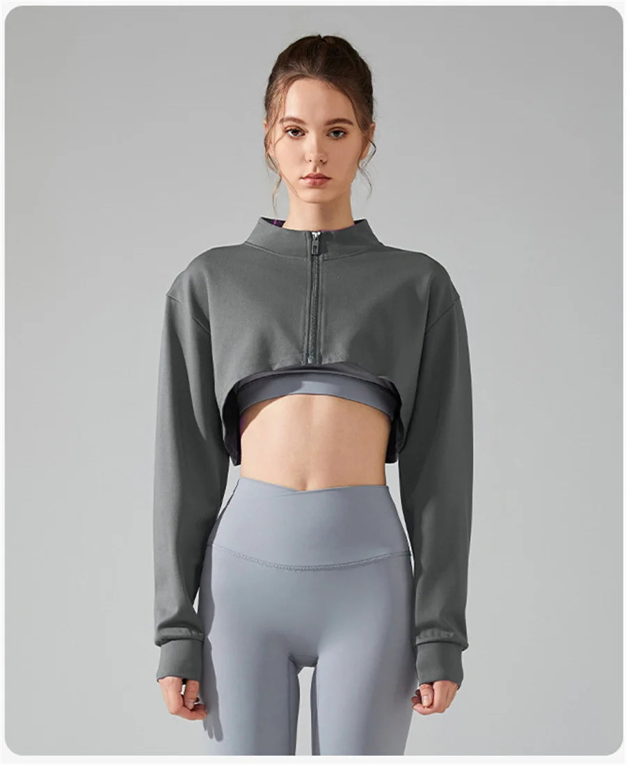 Women Yoga Crop Top Sports T-Shirts Gym Clothing Loose Full Zip-up Long Sleeve Sportswear Workout Clothing Fitness Jacket