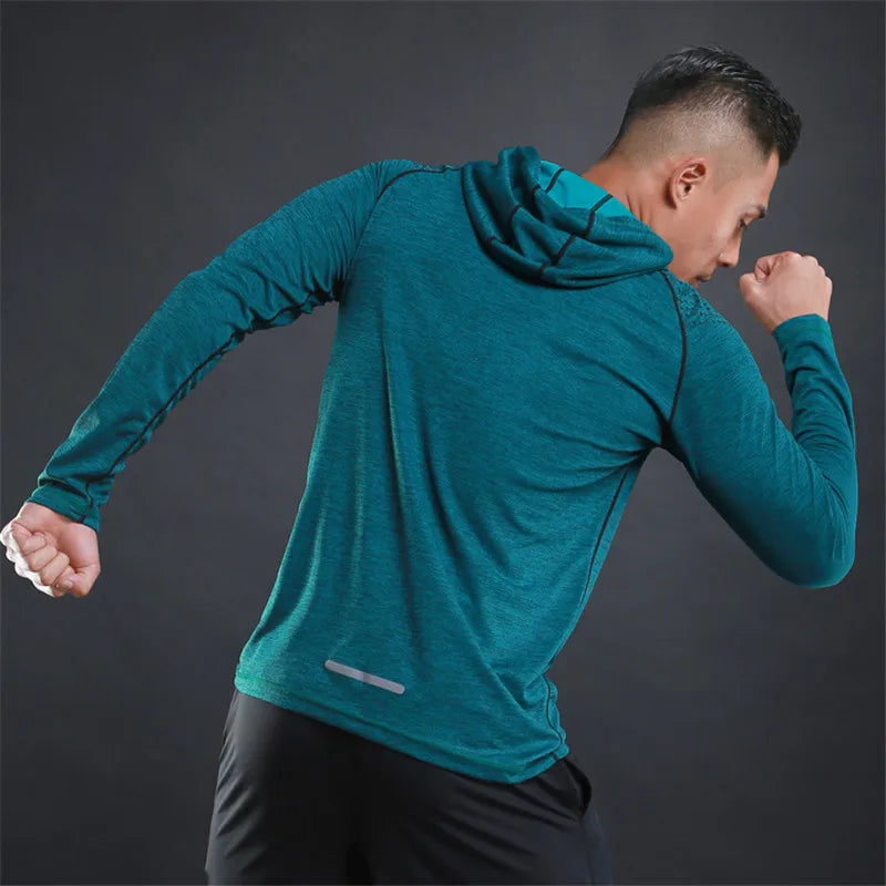 Men Elastic Running Tops Breathable Long Sleeve Gym t Shirt Male Casual Hooded t-Shirts Quick Dry Fitness Shirts Man Clothing