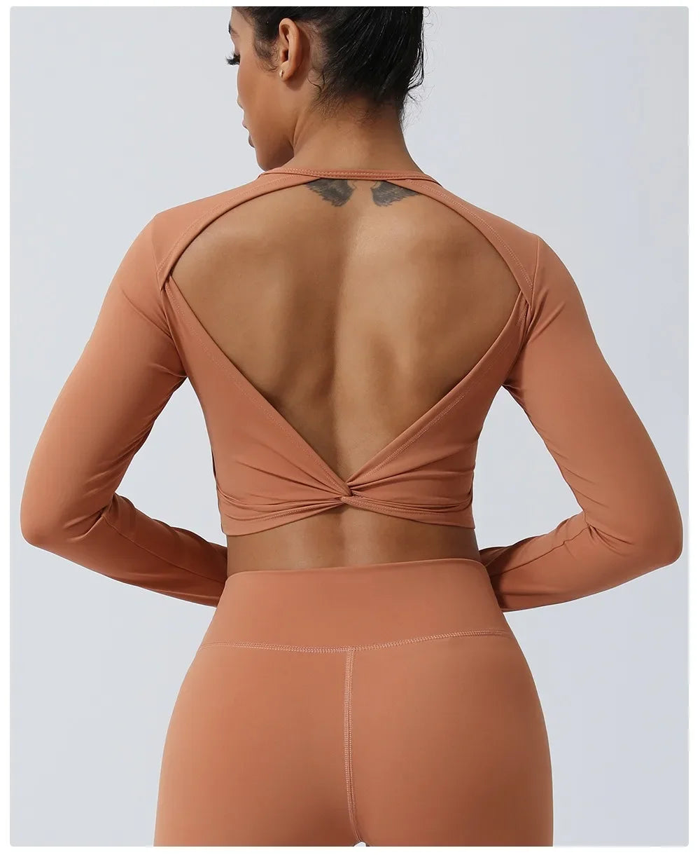 Sexy Backless Long Sleeve Yoga Clothing Stretch Gym Workout  Top Female Running Quick Dry Sportswear Women Back Cross Sports Top