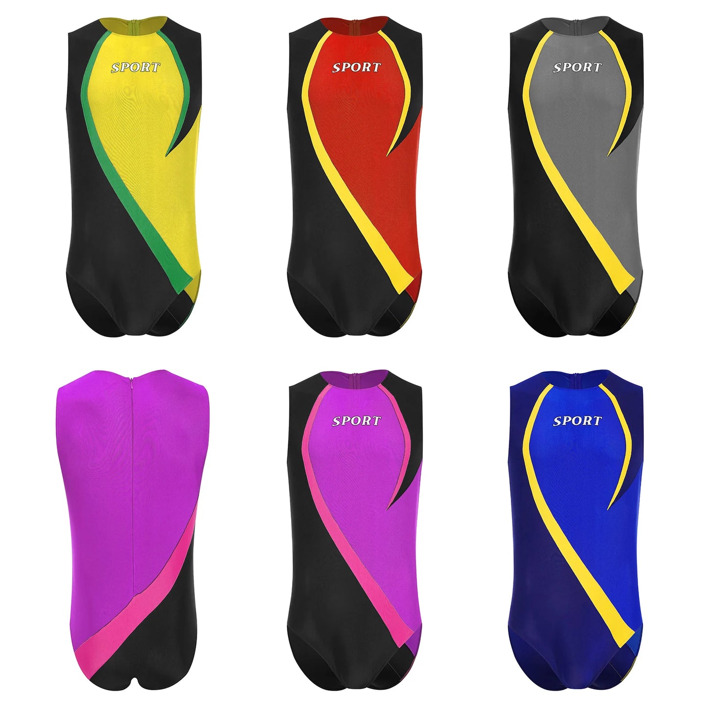 Gym Bodybuilding Leotard for Mens One-piece Swimsuit Sleeveless Zipper Color Block Sports Bodysuit Workout Athletic Costume
