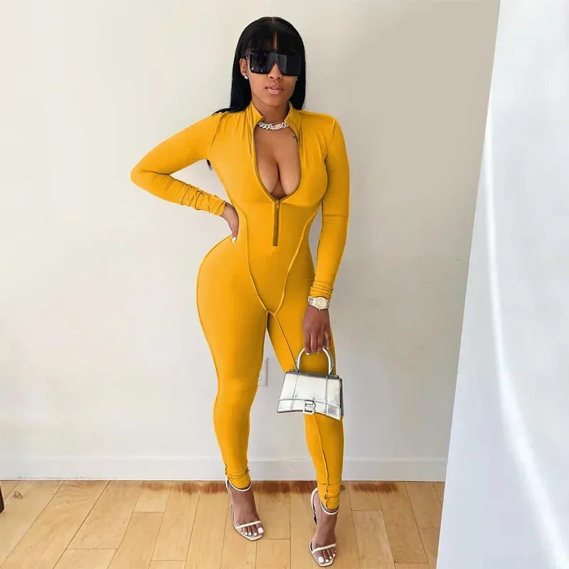 Women Sportwear Yoga Jumpsuit Zip Long Sleeve Outfit Fitness Tracksuit Tight One-piece Gym Overalls Sports Bodysuit
