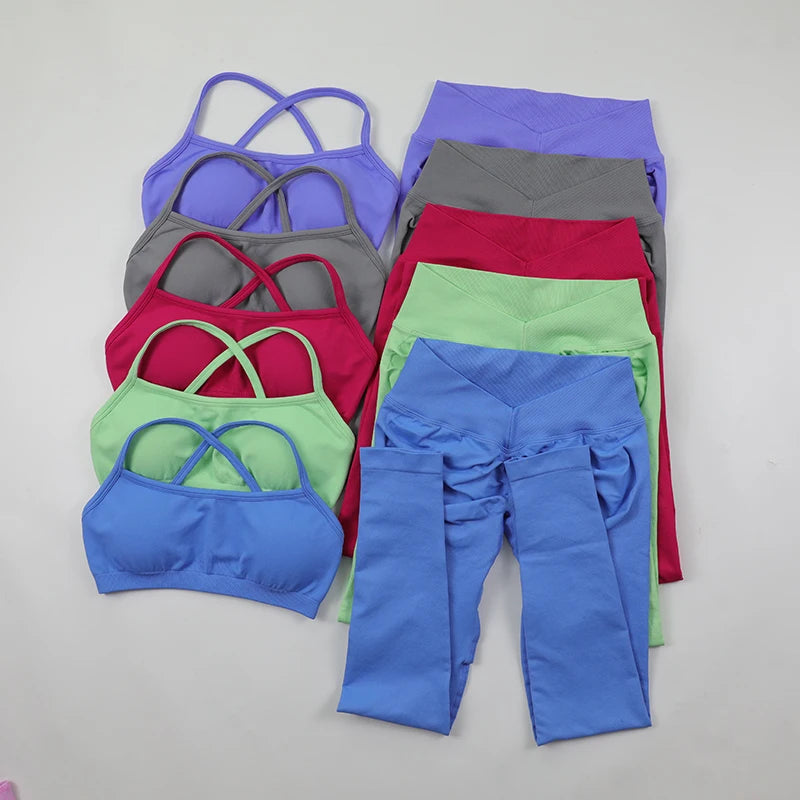 Seamless Yoga Set Women Fitness Sportswear Pilates Clothing V-Back Gym Leggings Push Up Strappy Sports Bra 2 Piece Sports Suits