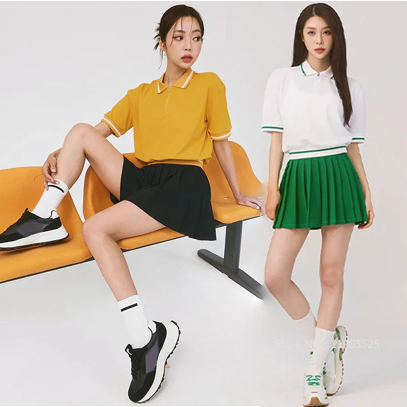 Women Tennis Outfit Quick Dry Fitness Polo Shirt Gym Workout Yoga Top Ladies Pleated Slim Culottes Anti-emptied Badminton Skirt
