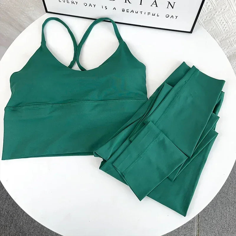 2 Piece Yoga Set Sportswear Fitness Suits Sexy Cross back Yoga Tops Elasticity High Waist Leggings Running Sports Clothing👚👍️