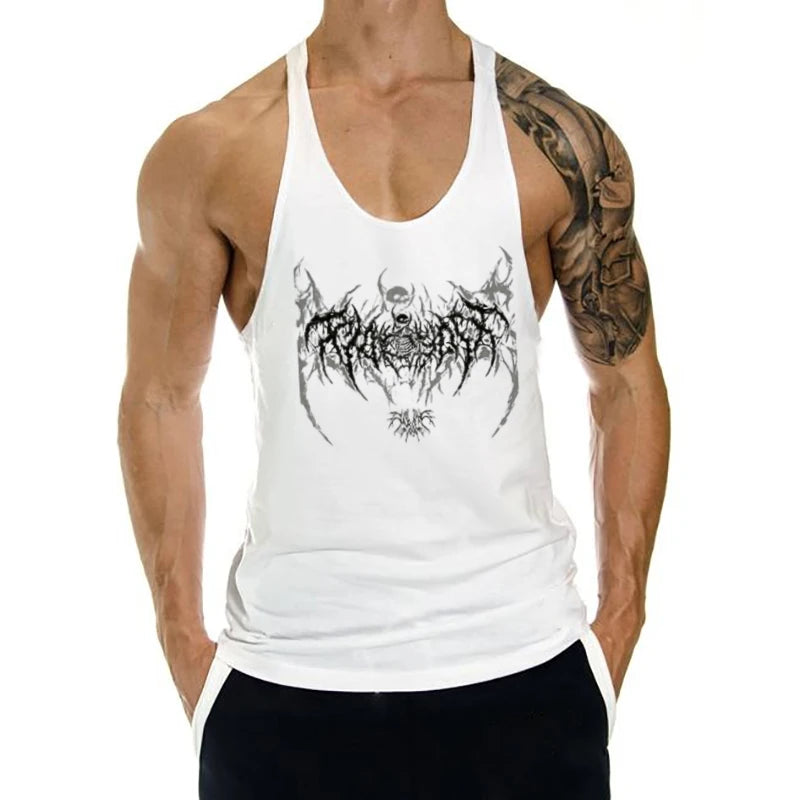 2025 New Cotton Exercise Gym Vest - Men's Muscle Sleeveless Sportswear, Front & Back Print Stringer for Bodybuilding Fitness