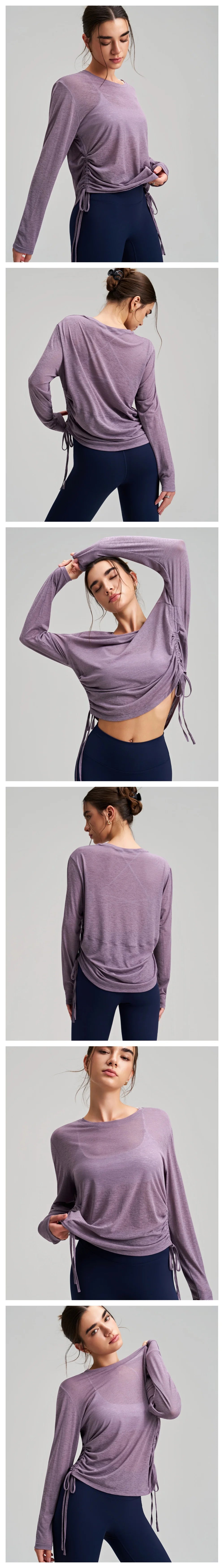 Women's Yoga Cover Up Shirt Long Sleeve, Drawstring Loose Fit Tunic, Breathable Round Neck Outerwear for Gym