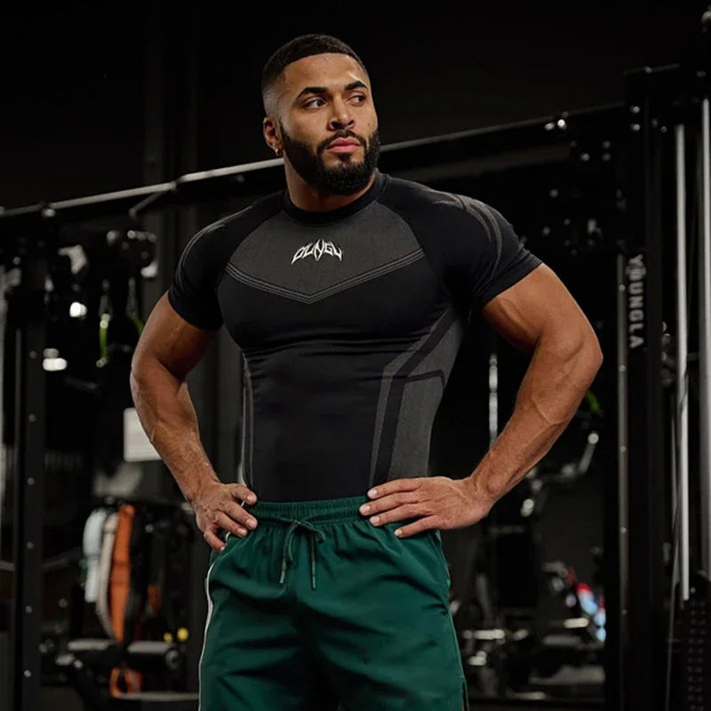 GYM Sports T-shirt Men's Tight Fitness Suit High Elasticity Quick-drying American Tight Fashion Muscle Leg Training Short Sleeve