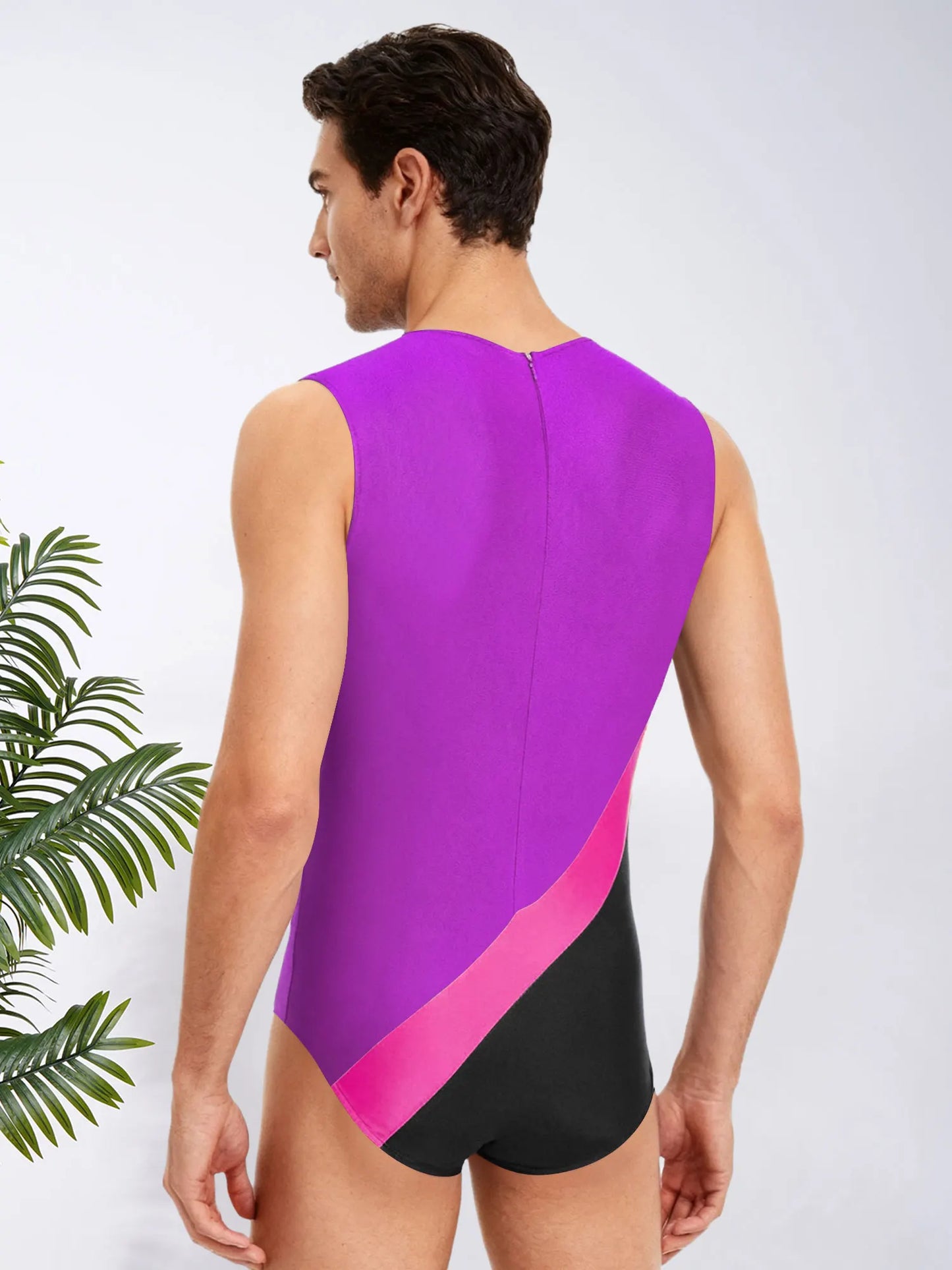 Gym Bodybuilding Leotard for Mens One-piece Swimsuit Sleeveless Zipper Color Block Sports Bodysuit Workout Athletic Costume