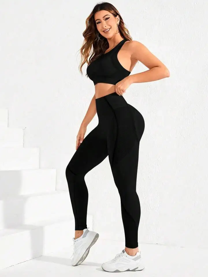 2-piece suit, women's yoga suit, beautiful back high waist trousers combination, seamless super elastic ideal gym clothing