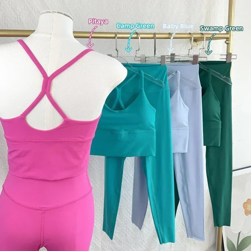 2 Piece Yoga Set Sportswear Fitness Suits Sexy Cross back Yoga Tops Elasticity High Waist Leggings Running Sports Clothing👚👍️