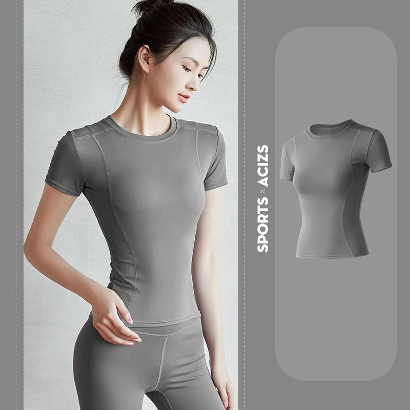 2024 Women's Sports Fitness Clothing Slim Running Sweat Absorbing Skinny Yoga Clothes Quick Drying Clothes Short Sleeved T-shirt
