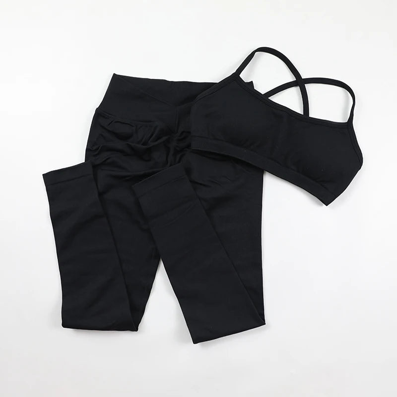 Seamless Yoga Set Women Fitness Sportswear Pilates Clothing V-Back Gym Leggings Push Up Strappy Sports Bra 2 Piece Sports Suits