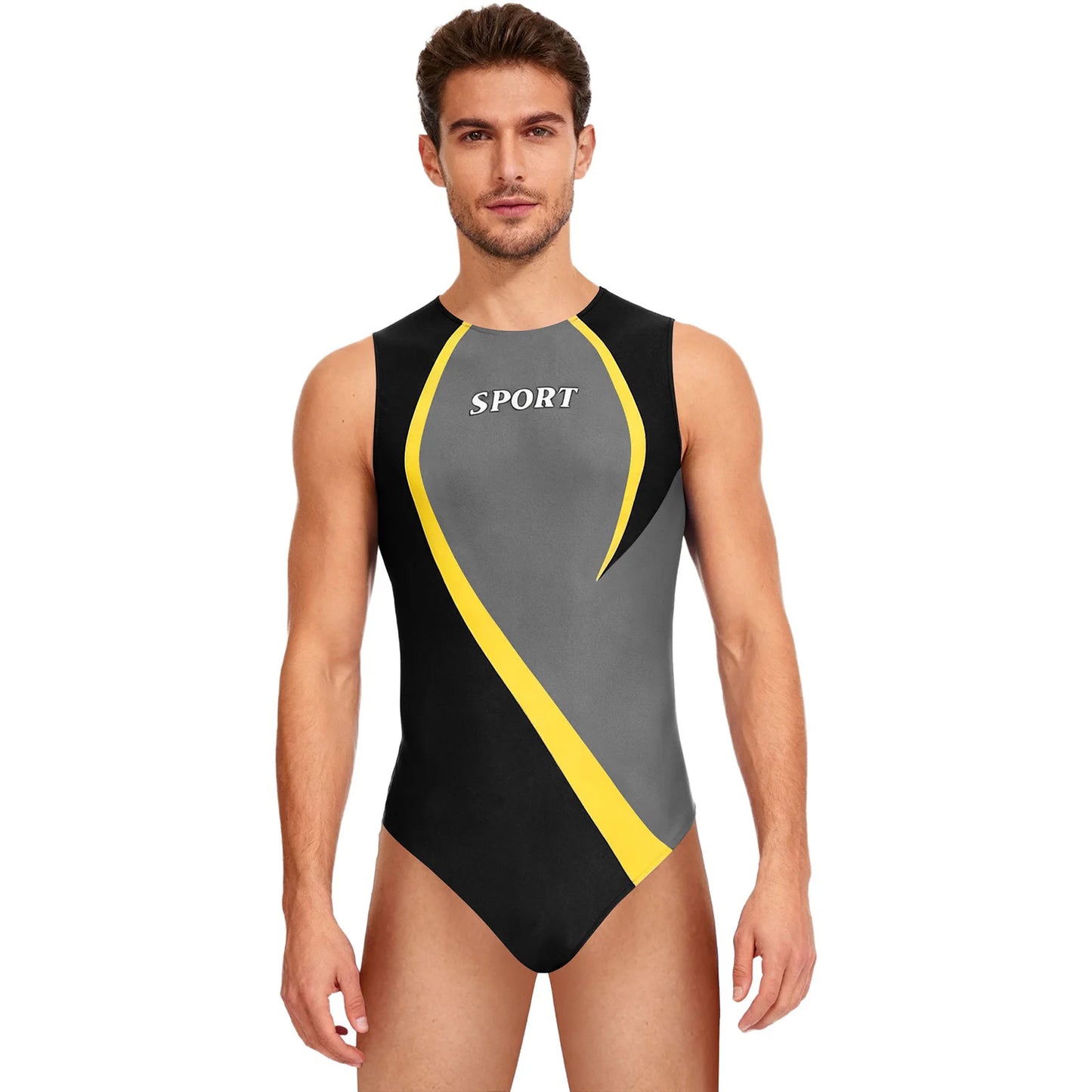 Gym Bodybuilding Leotard for Mens One-piece Swimsuit Sleeveless Zipper Color Block Sports Bodysuit Workout Athletic Costume