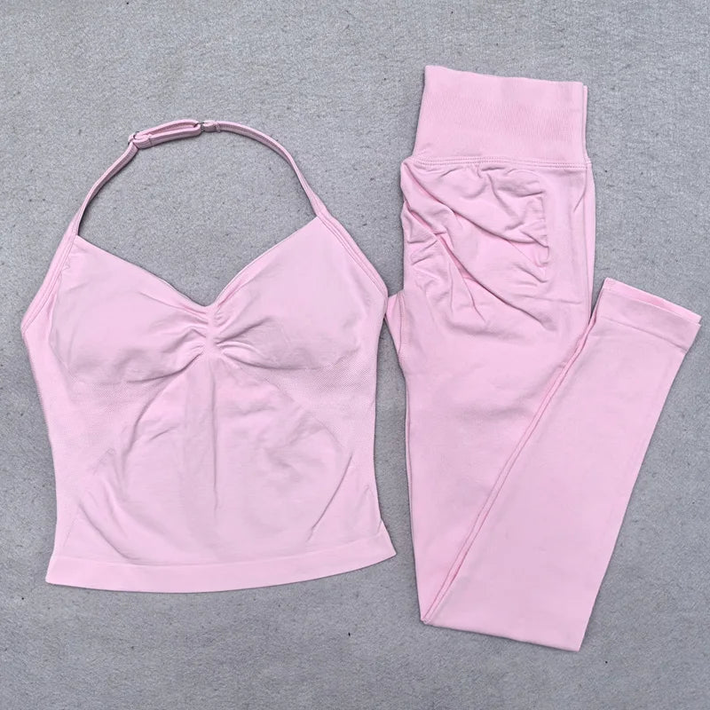 New Seamless Yoga Set Women Gym Clothing Scrunch Bum Legging Padded Tank Top Workout Outfits Fitness Sportswear Suits