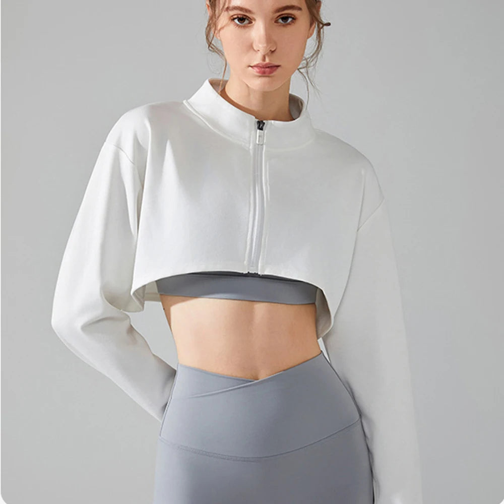 Women Yoga Crop Top Sports T-Shirts Gym Clothing Loose Full Zip-up Long Sleeve Sportswear Workout Clothing Fitness Jacket