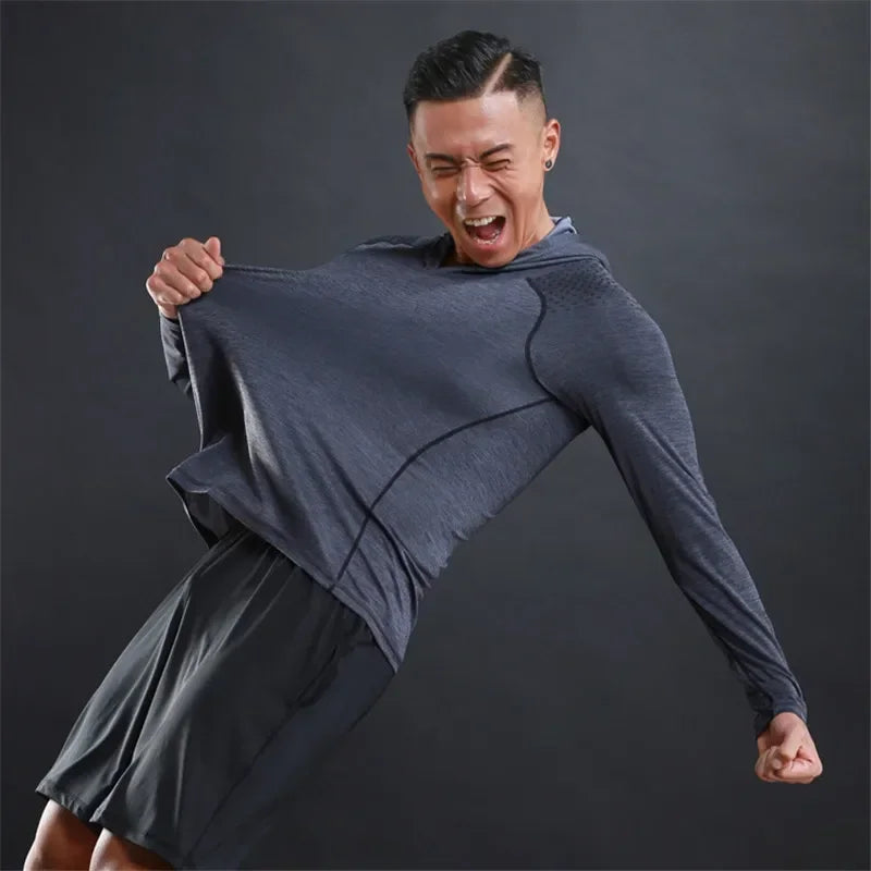 Men Elastic Running Tops Breathable Long Sleeve Gym t Shirt Male Casual Hooded t-Shirts Quick Dry Fitness Shirts Man Clothing