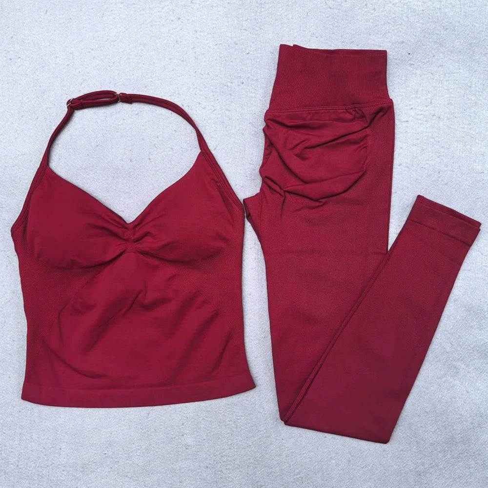 New Seamless Yoga Set Women Gym Clothing Scrunch Bum Legging Padded Tank Top Workout Outfits Fitness Sportswear Suits